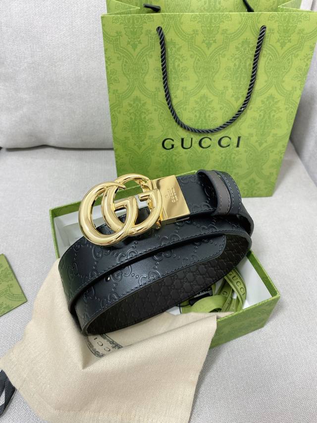 高端品质，实物拍摄 批 配全套礼盒 ： Gucci 新款专柜同步双面可用原单腰带，进口原厂头层牛皮，转动扣头五金，宽度3.8Cm