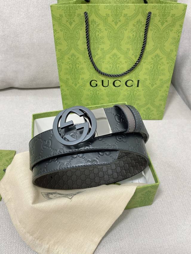 高端品质，实物拍摄 批 配全套礼盒 ： Gucci 新款专柜同步双面可用原单腰带，进口原厂头层牛皮，转动扣头五金，宽度3.8Cm