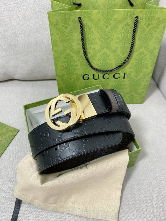 高端品质，实物拍摄 批 配全套礼盒 ： Gucci 新款专柜同步双面可用原单腰带，进口原厂头层牛皮，转动扣头五金，宽度3.8Cm