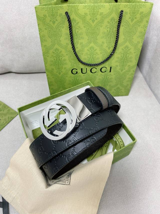 高端品质，实物拍摄 批 配全套礼盒 ： Gucci 新款专柜同步双面可用原单腰带，进口原厂头层牛皮，转动扣头五金，宽度3.8Cm