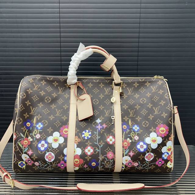 Louisvuitton 路易威登 Lv X 村上隆 Keepall 印花旅行袋 手提包袋 机场包 采用精湛镶嵌细工 实物拍摄 原厂原版面料 50 X 28 C