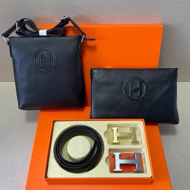 爱马仕hermès 头层皮质组合礼盒包装腰带俩款包包超级组合 公文包包是很实用的选择。手提包日常是非常适合的。 双扣皮带：头层皮质带身搭配3.8Cm仿铜扣头 尺