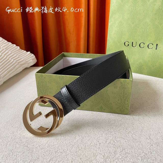 配全套包装礼盒 Gucci古驰奢侈品男款双g带扣经典印花腰带原版pvc皮带 宽度4.0Cm