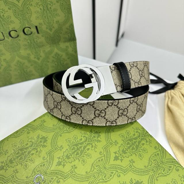 Gucci 乌木色 Pvc老花 小牛皮黑底 宽度3.5Cm 圆双g旋转扣 双面可用 可裁剪