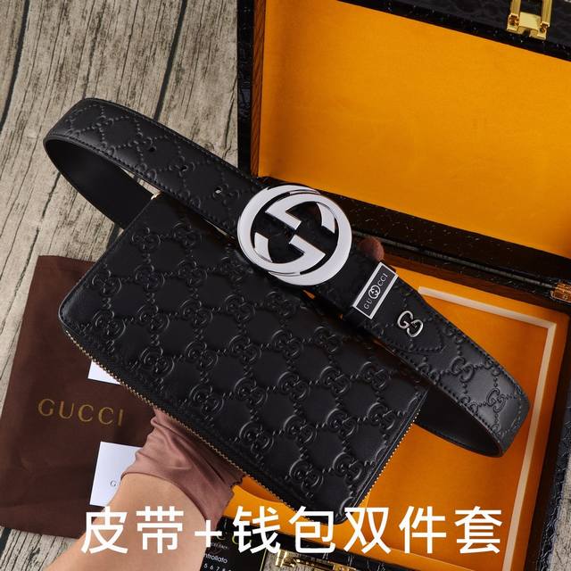 品牌：古奇.GUCCI双件套 型号：木盒装，皮带+钱包，两件套 等级：意大利进口百分百进口原厂头层牛皮，古奇.Gu..cci，世界著名奢侈品品牌，经典G花纹系列