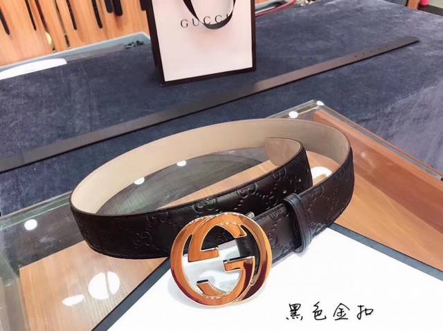 Gucci 古奇官网经典 正品规格 头层小牛皮压花 进口变色磨砂头层底 3.8Cm双G抛光亮面扣