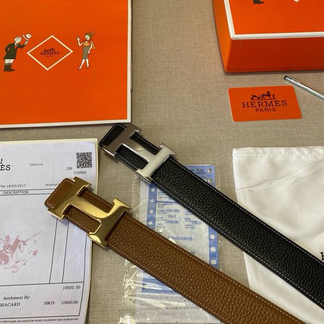 品牌：爱马仕Hermes 钢扣 等级：原单私货.进口头层牛皮黑底，专柜售、堪比正品！油边精致 电脑车线 手感柔软.实物拍摄无修饰 上身效果超好、长度不可裁剪.配