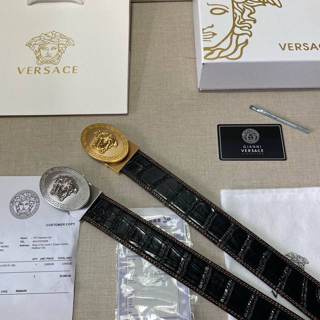 品牌：范思哲Versace 钢扣 等级：原单私货.进口头层牛皮沙底，专柜售、堪比正品！油边精致 电脑车线 手感柔软.实物拍摄无修饰 上身效果超好、长度可裁剪.配