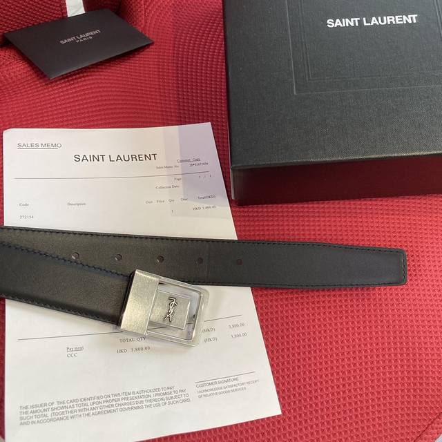 Saint Laurent 聖羅蘭女士腰帶皮帶 原廠電渡扣頭，意大利原廠皮，寬3.0Cm，Female平紋壓印皮革腰帶