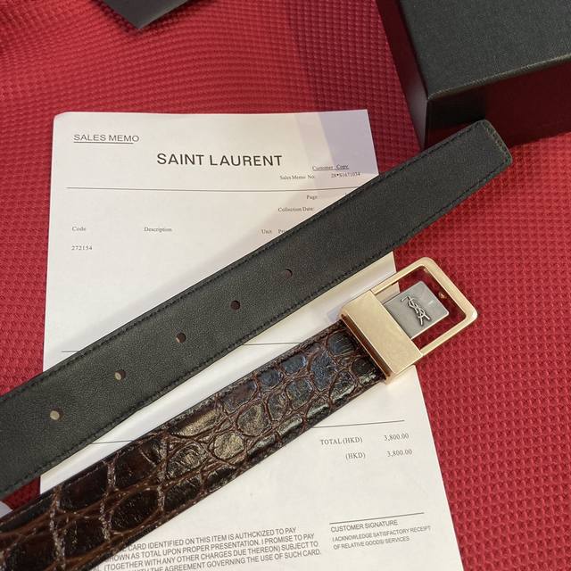 Saint Laurent 聖羅蘭女士腰帶皮帶 原廠電渡扣頭，意大利原廠皮，寬3.0Cm，Female鰐魚紋壓印皮革腰帶