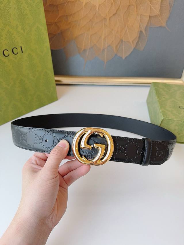 Gucci 经典全皮压花，专柜新版Logo横标，原版进口皮底，精品双G扣 高端品质，不惧对比，宽度：4.0Cm