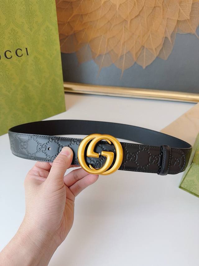 Gucci 经典全皮压花，专柜新版Logo横标，原版进口皮底，精品双G扣 高端品质，不惧对比，宽度：4.0Cm