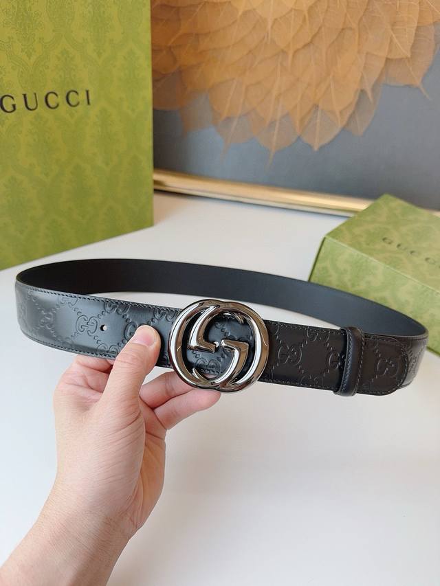 Gucci 经典全皮压花，专柜新版Logo横标，原版进口皮底，精品双G扣 高端品质，不惧对比，宽度：4.0Cm