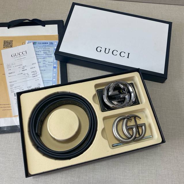 G精品款 ☆双扣礼盒套装 含礼盒 专柜有售 Gucci专柜在售正品 此款采用头层牛皮制作 走线油边细致 正品开模 搭配仿铜扣经久耐用、3.8Cm规格 送打眼针