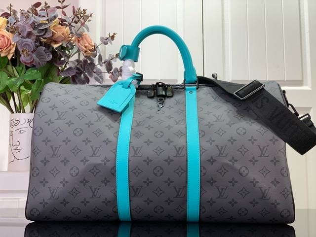 路易威登 Keepall BandoulièRe 50 M11481 41416 银花蓝边旅行袋取材 Monogram Eclipse Reverse 帆布，以