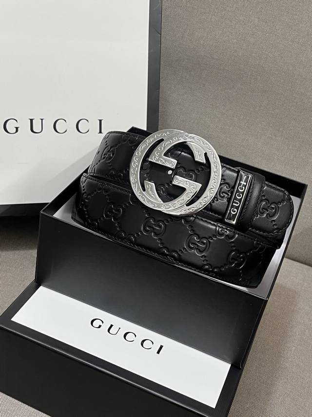 配全套专柜礼盒 Gucci.古驰 全套包装 3.8Cm进口小牛皮压花, 专柜正品1:1完美复刻. 原版牛皮底, 采用热压印技术的Gucci Signature皮 - 点击图像关闭