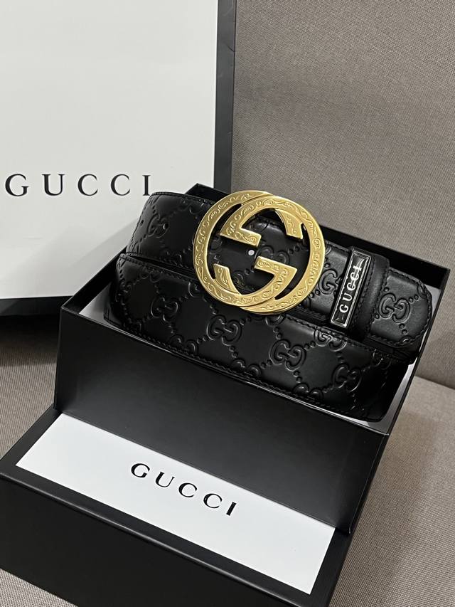 配全套专柜礼盒 Gucci.古驰 全套包装 3.8Cm进口小牛皮压花, 专柜正品1:1完美复刻. 原版牛皮底, 采用热压印技术的Gucci Signature皮