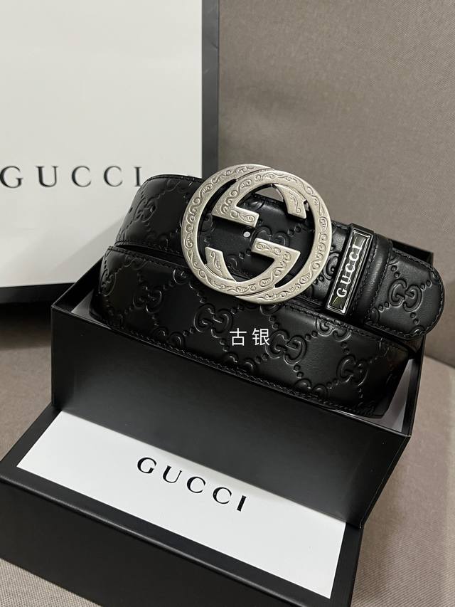 配全套专柜礼盒 Gucci.古驰 全套包装 3.8Cm进口小牛皮压花, 专柜正品1:1完美复刻. 原版牛皮底, 采用热压印技术的Gucci Signature皮